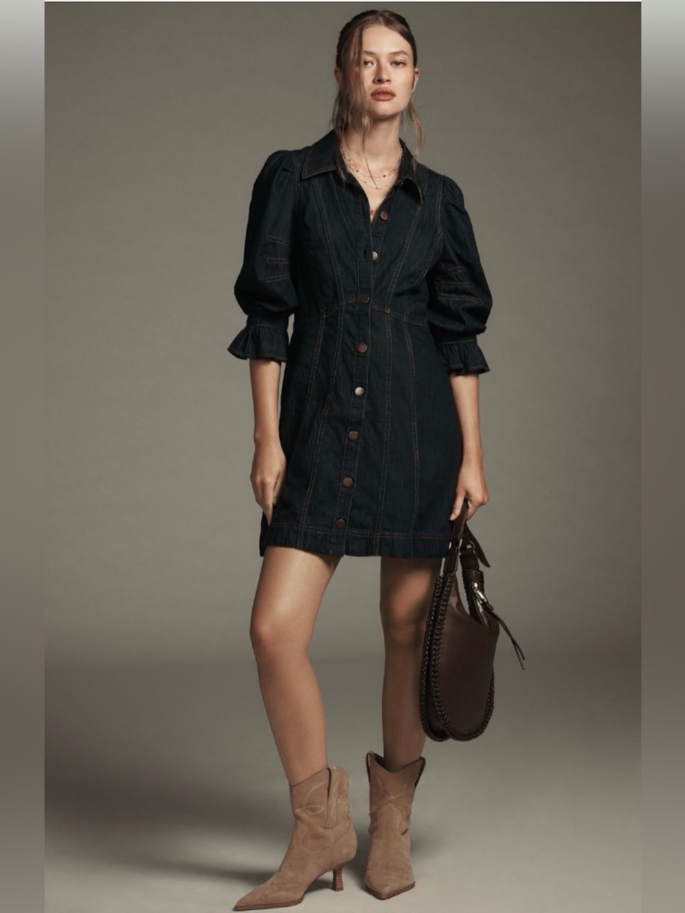 ✨Anthropologie (EUC) Puff-Sleeve Denim Mini Shirt Dress Size 6✨
